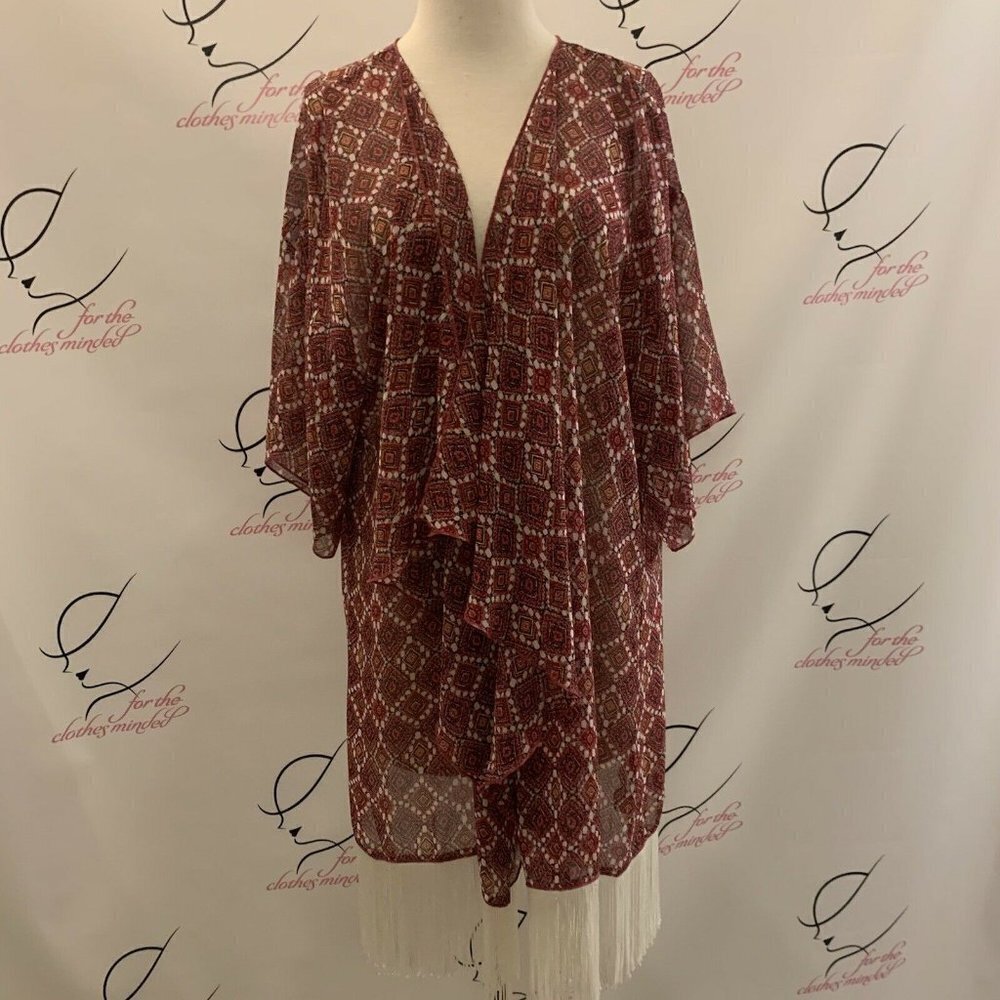 LuLa Roe. Size Large. Kimono Style Cardigan or Cover Up. Fringe at Hem. B33